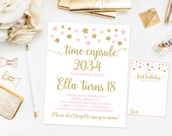 Time capsule first birthday sign, twinkle twinkle little star birthday party, pink and gold first birthday, printable print