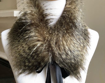 Faux Fur COLLAR, Fur Scarflette with satin ribbon ties, Women's Fur Neckwarmer, Raccoon Faux Fur Collar