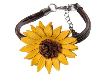 Flower bracelet sunflower in bloom with cowhide leather