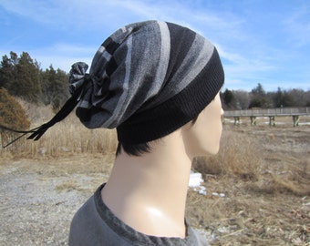 Merino Wool Beanie Men's Dress Hat Black Striped Stripe Slouchy Knit Hat A1522