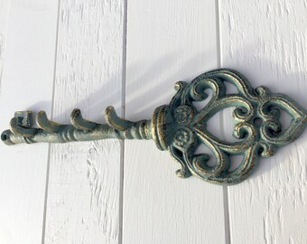 Decorative Key Rack, Green and Gold Cast Iron Key Rack, Entryway Key Hook