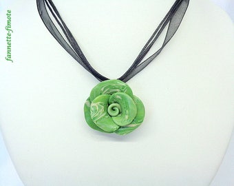 Handmade polymer clay flower "Rose" Green Khaki and Beige necklace-