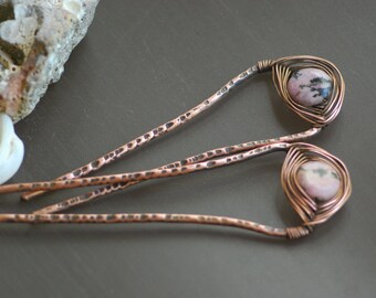 Copper hair pin or shawl pin stick with rhodonite stone - Select your stone - Hair stick - Shawl stick