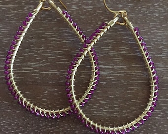 Wire Wrapped Gold Tear Drop Earring with Magenta Seed Beads
