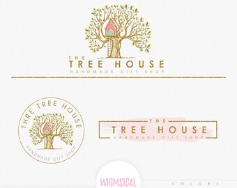 Whimsical Elegnat Treehouse -Premade Photography Logo and Watermark, Classic Elegant Script Font GOLD GLITTER TREE children Calligraphy Logo