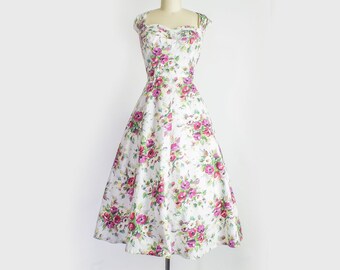 1950s Floral Cotton Halter Dress | Medium (34B\27W)