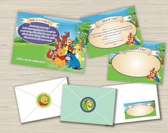 Winnie the Pooh birthday party set-Invitation-Thank you cards-Address label-Envelope seal-Custom invitation-Tigger-Piglet-Owl-Child photo
