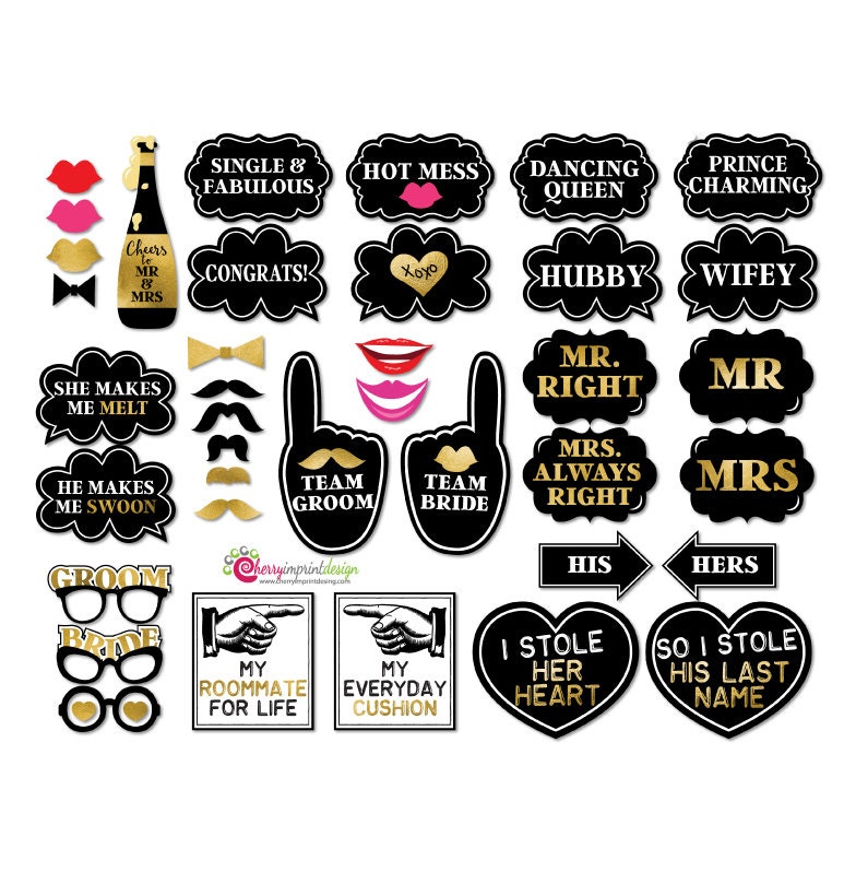 38 Funny Wedding Photo Booth Props Gold and Black Wedding