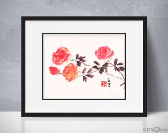 Red Roses 2 - sumi-e watercolor painting - 8x10 (Print)