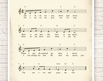 Nursery Rhyme, Sheet Music Art Print, Sheet Music Wall Art, I'm a Little Teapot, I'm a Little Teapot Sheet Music, Children's Songs.