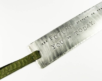 Motivational Bookmark - Inspiring Quote (Future Depends On You) on Silver Metal Book Mark with Olive Green Leather Tassel