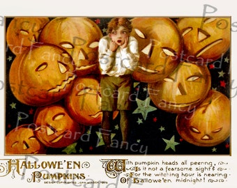 EVIL PUMPKINS, Vintage Schmucker Halloween Postcard, Instant DIGITAL Download