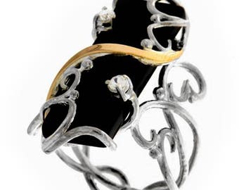 Silver and Gold ring, Black Onyx with Clear CZ Ring, Womens silver ring, Unique silver ring, handmade