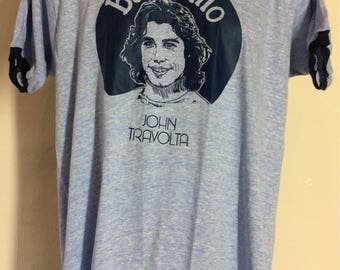 Vtg 70s Barbarino John Travolta Ringer T-Shirt Heather Blue L/XL Welcome Back Cotter TV Show Actor