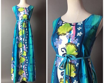 Vintage 60s dress / 1960s dress / hawaiian dress / tiki dress / tropical dress / floral dress / maxi dress / party dress / 8368