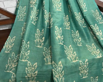SALE 30% Teal Green Handloom Khadi Silk Fabric, Batik Floral Print, Dress Costume Apparel Fabric, Indian Silk Fabric By Yard BTPG01