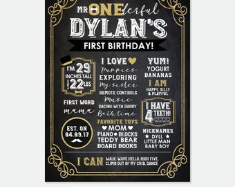 Mr ONEderful Board, First Birthday Chalkboard, Birthday Stats Poster, Little Gentleman, Milestone Poster, Personalized Printable Board