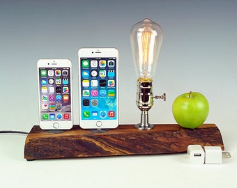 Live edge Walnut Dual docking station with lamp for ANY iPhone, Edison bulb dock lamp for any two iPhones. USA. #771.