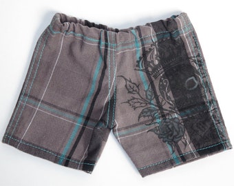Fits Like American Girl Doll Clothes. 18-Inch Boy Doll Shorts. Upcycled Plaid Skull Crown Shorts. Grey and Turquoise.