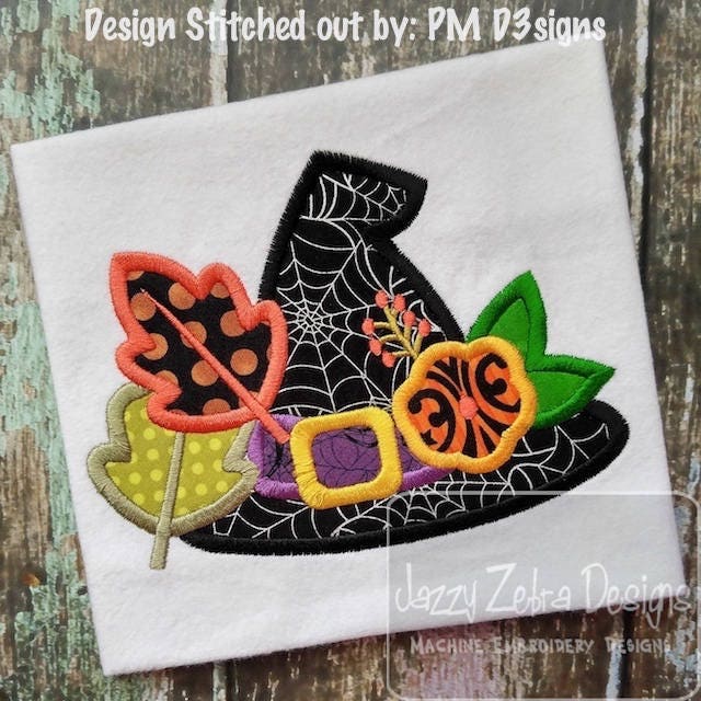 Witches Hat with leaves and flower appliqué embroidery design