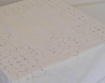 White Tablecloth or Table Topper, 48" by 48", Vintage Table Linens
