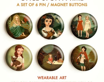Once Upon A Time - Fairy Tale, Fairtytales, Pinback Button Set, Magnets, Pinbacks, Pins, Set of 6, Cute, Fridge Magnet, Button Pack, Badge