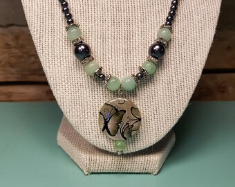 Butterfly necklace with aventurine, hematite, and silver beads