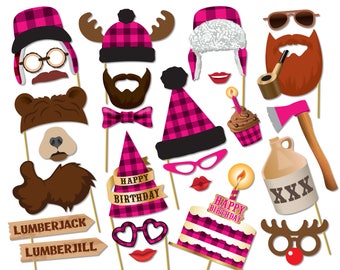 Lumberjack Lumberjill photo booth props. Birthday baby shower props. Pink Lumberjack party printables, Printable PDF, Party supplies - 0212