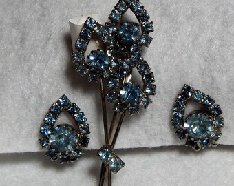 Vintage Judy Lee Blue Rhinestone Brooch and Earring Set