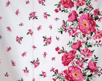 REMNANT--Beautiful Pink on White Cabbage Rose Border Print Pure Cotton Fabric--21 INCHES
