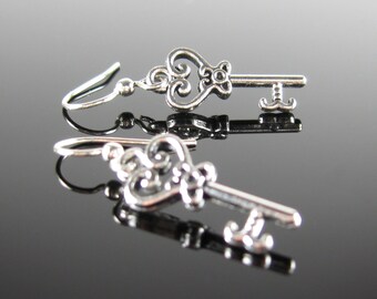 Surgical steel earrings, stainless steel, nickel free, small skeleton key earrings, silver drop earrings, dangle earrings, key earrings