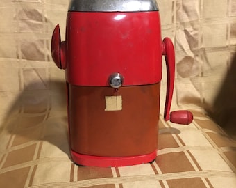 Vintage 1950s Red Vogue Rival Metal Ice-O-Mat ice crusher, vintage kitchen, retro kitchen, red kitchen, 50's decor, Mid Century Modern retro