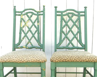 2 Faux Bamboo Chairs, Hollywood Regency Chinese Chippendale, Chinoiserie, Tropical Palm Beach, Green, Local Pick Up Only