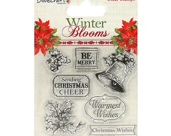 Dovecraft Winter Blooms Clear Stamps - Holly and Bells - Sentiment - Christmas Stamp Set - Christmas Wishes - Be Merry - Warmest Wishes