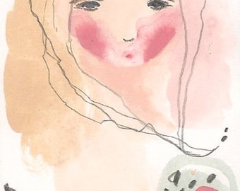 ACEO original girl painting, silence drawing, art card