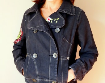 Cropped bomber jacket denim bomber grunge 90s women embroidered winter jacket black denim coat Vintage 90s size M /Ref 17