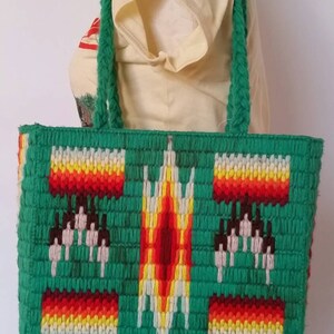 Vintage tribal print yarn needpoint craft handbag, vibrant green , handmade shoulder bag, floral lining , boho hipster hippie fun unique
