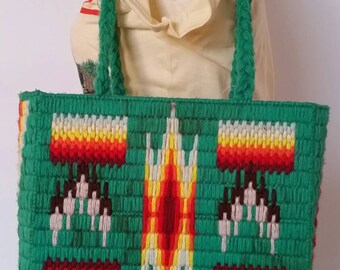 Vintage tribal print yarn needpoint craft handbag, vibrant green , handmade shoulder bag, floral lining , boho hipster hippie fun unique