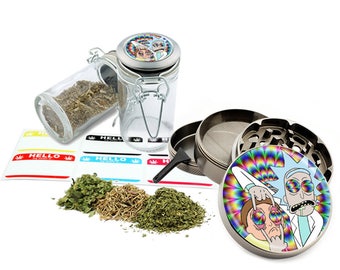 Rick and Morty - 2.5" Zinc Alloy Grinder & 75ml Locking Top Glass Jar Combo Gift Set Item # G011618-2