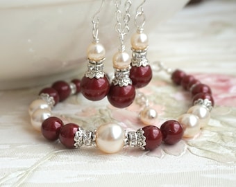 Marsala Color Pearl Bridesmaid Jewelry Set Crystal Rhinestone Bridesmaid Jewelry Gift Burgundy Set Of necklace earrings and bracelet MS077