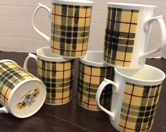 Set of 6 Macleod Clan Scottish Tartan Bone China Coffee Mugs Made In England