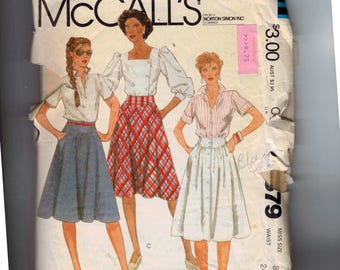 1980s Vintage Sewing Pattern McCalls 8379 Misses Button Front Yoked Full Knee Length Skirt Size 8 Waist 24 1983 80s