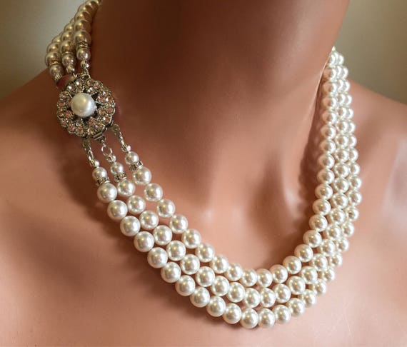 Bridal Pearl Necklace Set 3 Multi Strand Pearls Like Jackie O