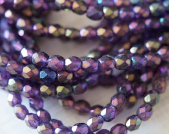 4mm Purple Fire Polished - Purple Iris Tanzanite Firepolished beads - Czech Glass Beads - Bead Soup Beads