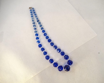 Art Deco Blue Beaded Crystal Necklace, Faceted Beads, Clear Spacers, Mint Condition
