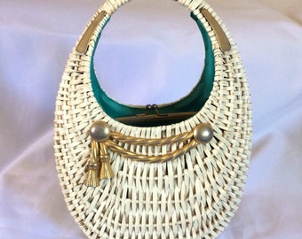 1960's Koret Egg Shaped White Wicker Purse Italy