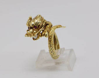 Circa 1960 14K Yellow Gold Dragon Ring with Ruby Eyes, size 5.75