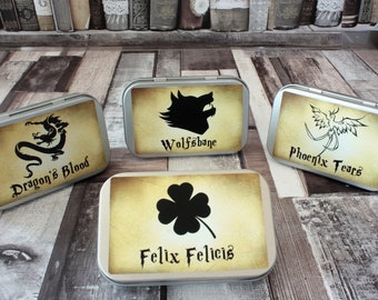 Harry Potter Inspired Teas - Mini Tins - Magic Gift - Fantasy Gift - Tea Potions - Felix Felicis - Wolfsbane - Phoenix Tears - Dragons Blood