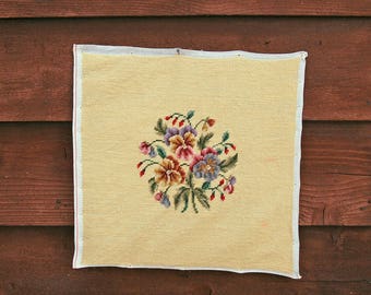 Floral Needlepoint Canvas, Vintage Yellow Needlepoint, Finished Needlepoint Pansies, Stool Cover
