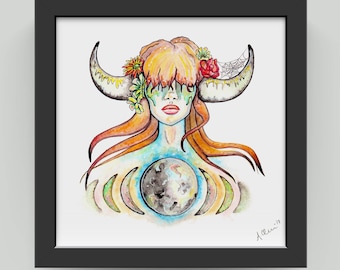 TAURUS ZODIAC PRINT. Earth Sign. The Bull. Horns. Goddess. Meditate. Wall Art. House Warming. Astrology. Ink and Watercolor. Original Art
